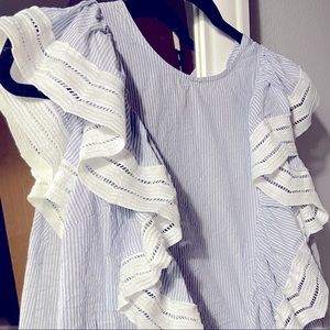 Blue and white striped ruffle shirt